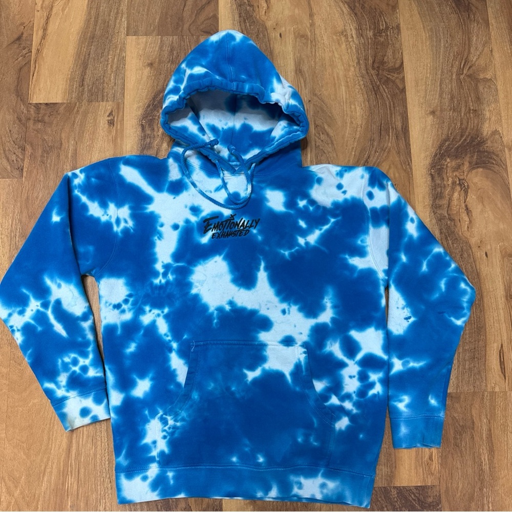 Defranco Emotionally Exhausted Blue Tie Dye Thick Hoodie Sweatshirt Shirt Small